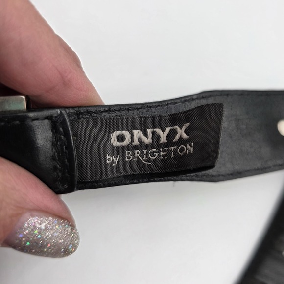 BRIGHTON ONYX Leather Belt Golf Mens Silver Buckle Western Style Size 36 Black - Picture 3 of 13